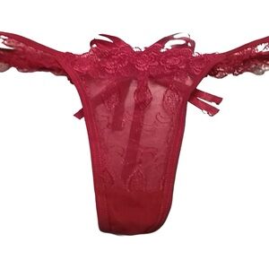 Sheer Red Rose Lace Thong With Ribbon And Gem Accents